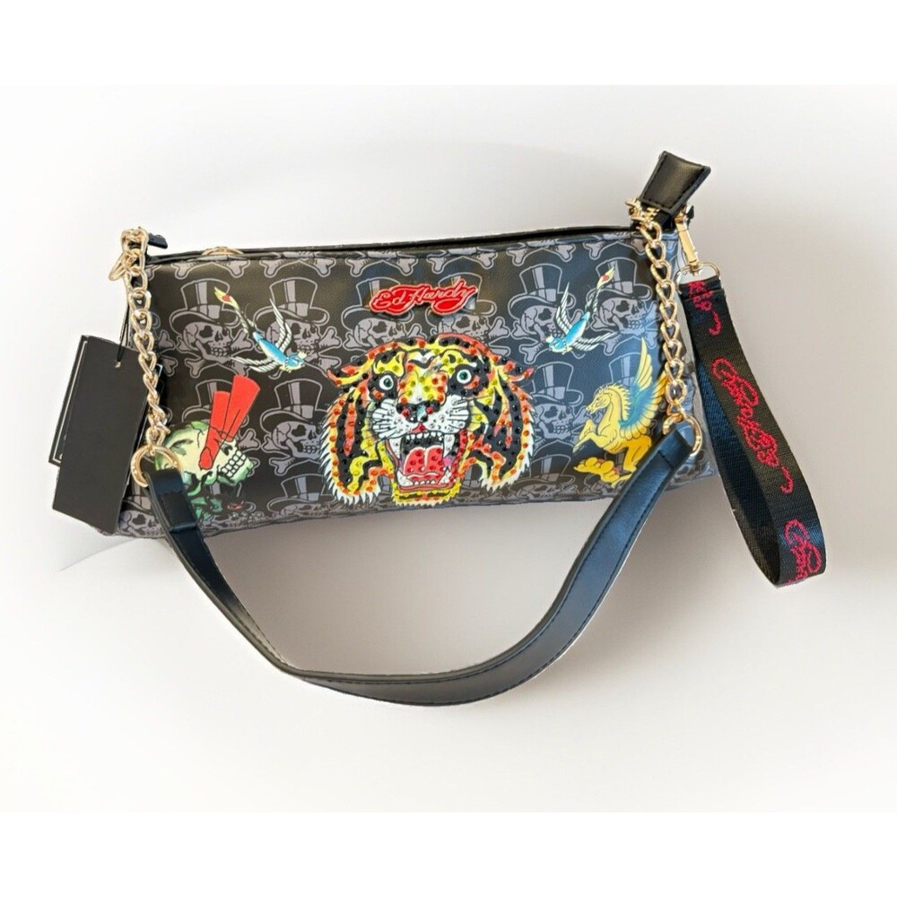 Ed Hardy Tiger Face Birds Black Tattoo Shoulder Bag Wristlet Band NWT Designer